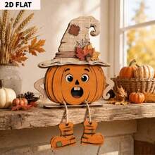 3 Pieces3D Fall Halloween Wooden Pumpkin Gnome Desktop Decoration With Swinging Rope Boots, Witch Hat, Skull, Ghost, Maple Leaf Farmhouse Layered Tray, Perfect For Fall Thanksgiving, Wall Decoration, Party Decoration - 3pcs - View 4