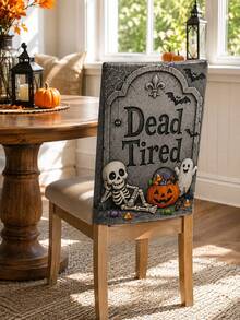 1pc/4pcs/6pcs Gray Halloween Chair Back Cover, Cute Gothic Polyester Dining Chair Slipcover With Dead Tired Tombstone Skeleton Ghost Pumpkin Candy Bat Spider Web Printed Protector For Kitchen, Dining Room, Party, Haunted House And Autumn Home Decor - B - View 4