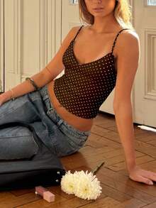 Women Polyester Polka Dot Spaghetti Strap Tank Tops Y2K Fairycore Lace Trim Corset Camisole V Neck Slim Cami Tops Cute Crop Tops Summer Going Out Top - 深棕色-白色波點 - 查看 10