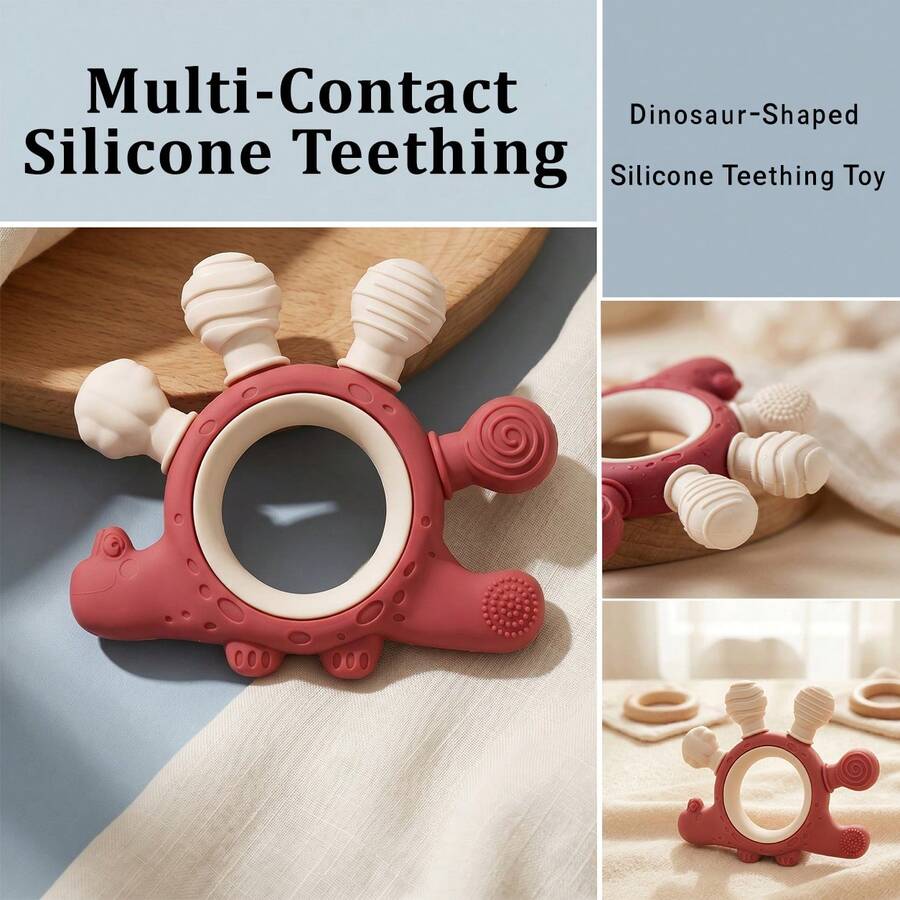 1pc Silicone Dinosaur Teether, Dual-Color Design With 6 Different Textures, Soft Silicone Material, Suitable For Babies 0+ Months, Ideal Newborn Gift - 彩色 - 查看 1