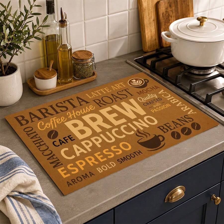 1pc Vintage Coffee English Text Pattern Diatomaceous Earth Kitchen Drain Mat, Quick-Drying Non-Slip Coffee Machine Mat And Dish Drying Pad, Suitable For Kitchen Countertop And Holiday Home Decor - Multicolor - View 1