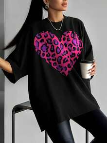 1 Pc Women's Vintage Oversized Black Soft Cotton T-Shirt With Leopard Heart Print, Casual Urban Style, Summer Top - Black 1 - View 2