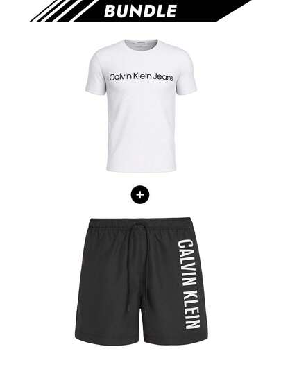 Calvin Klein [Paquete] Camisetas esenciales para hombre blanco brillante + Colección primavera-verano 2025 pantalones cortos de baño para