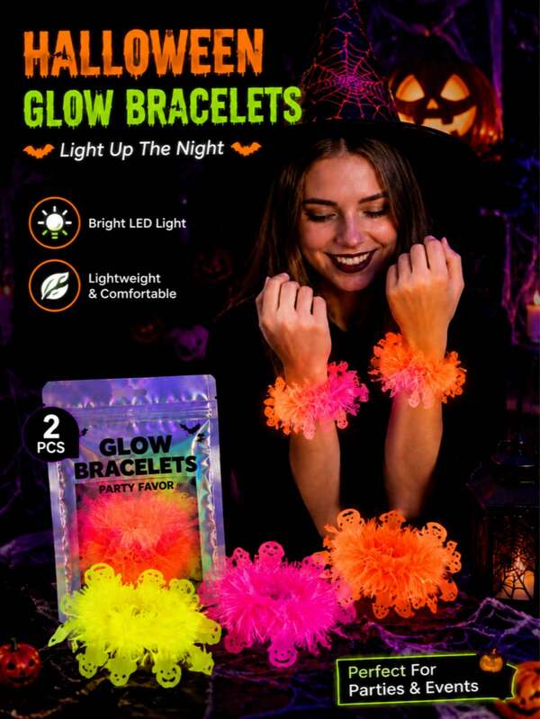 4/2/1pc Halloween Fluorescent Colorful Strip Wristbands, Pumpkin Head, Ghost, Phantom, Bat, Skull Wrist Decor, Halloween Party Wrist Decoration Fuzzy Strip Wristbands, For Halloween Party, Gathering, Halloween Party Supplies, Gift Recommendation, Halloween Decoration, Halloween Gift