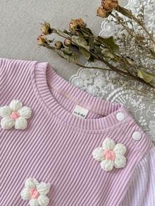 Baby Girls 2pcs Casual Set With 3D Floral Ribbed Flare Pants - Pink - View 9