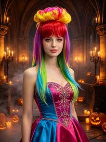 1 Pc Multi-Layer Rainbow Gradient Wig With Straight Bangs & Blooming Floral Silhouette, Vertical Color Transition. Perfect For Dark Punk Portrait Shooting, Neon Halloween Short Videos, Fantasy Monster Cosplay & Bright Tone Dark Outfit Matching - View 1