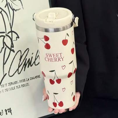 1PC 30oz/900ML SCALON Cream White Sweet Cherry Heart Print Large Capacity Insulated Tumbler, Portable Flip Lid Straw Cup For Work, Commute, Outdoor, Fitness, Short Trips, All-In-One Use, Exquisite Highly Attractive Water Cup, Ideal Gift For Women, Vacuum Insulated Bottle, Thermal Bottle, Travel Mug, Hot And Cold Use, Straw Travel Cup, Water Bottle, Water Cup
