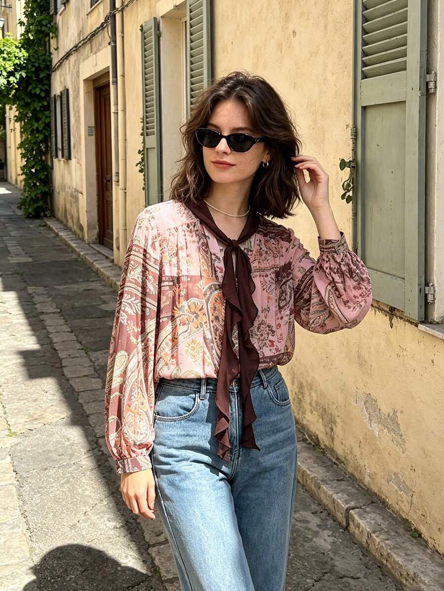 Women's Retro Printed Long Sleeve Lace Bow Loose Casual Shirt, Single-Breasted, Spring Pink - View 1