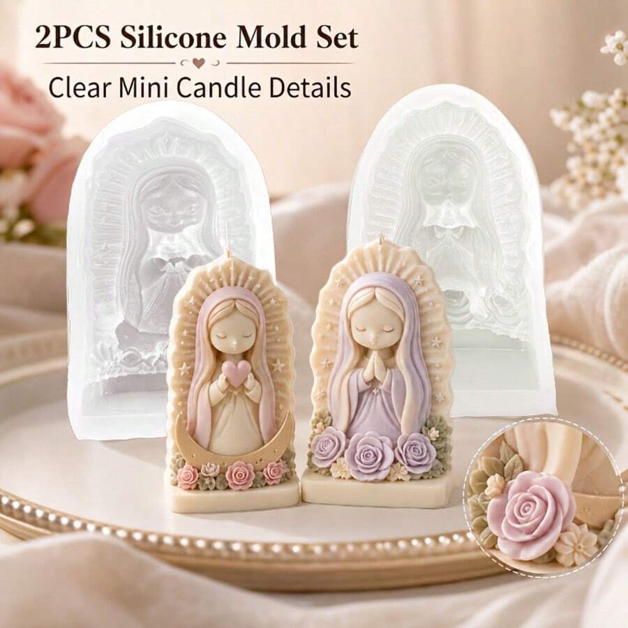 2pcs Aesthetic Praying Angel Silicone Candle Molds, 3D Flower Child Wax Mold DIY Aromatherapy Making, Plaster Statue Mold For Creating Peaceful Home Decor, Unique Casting Tool - 2-piece Moon, Star, Flower, Angel Mold - View 1