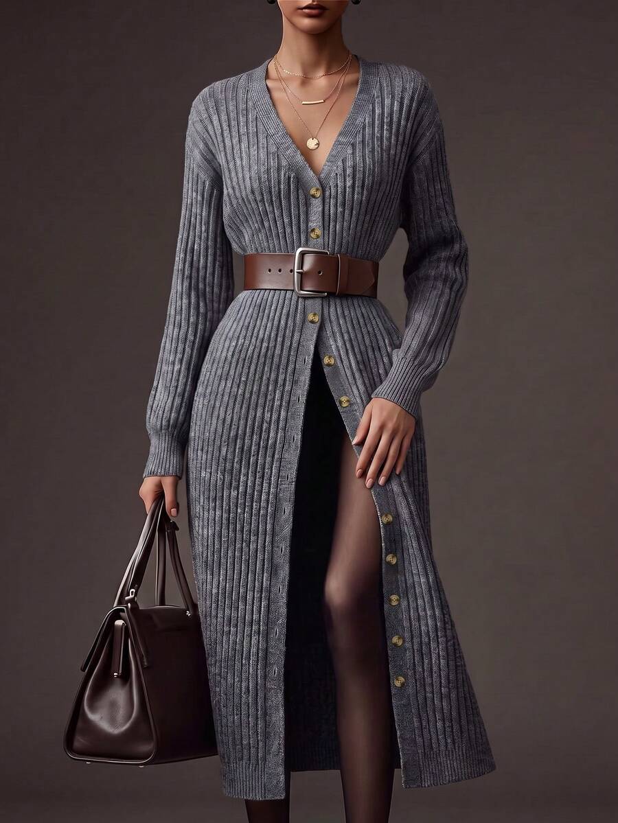 كارديجان محبوك طويل بأزرار من SEREN Fashion للنساء، كنزة صوفية بياقة V مضلعة بطراز عتيق، مناسبة لإطلالات أنيقة في الخريف/الشتاء - رمادي - مشاهدة 1