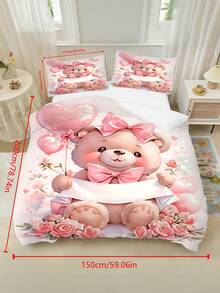 2/3PCS Girls Custom Name Pink Bow Bear Floral Balloon Print Polyester Zipper Resistant Duvet Cover Set, Sweet Girly Cartoon Bedding Set For Kids Bedroom All Seasons - Multicolor - View 19