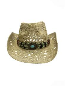 1pc Unisex Western Cowboy Straw Hat, Spring/Summer Travel Sun Protection Beach Hat, Casual Straw Sun Hat (If The Brim Is Deformed Upon Receipt, Please Adjust It Manually) - MZ3056+ML20 - View 15