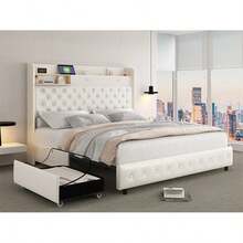 SIBEDS Queen Led Bed Frame With Galaxy Aurora Star Projector, Full Size Platform Bed With 2 Removable Storage Drawers, 52"   Crystal Button Tufted Upholstered Headboard King Bed With Charging Station, Noise Free, No Box Spring Needed, PU White - 聚氨酯白 - 查看 3