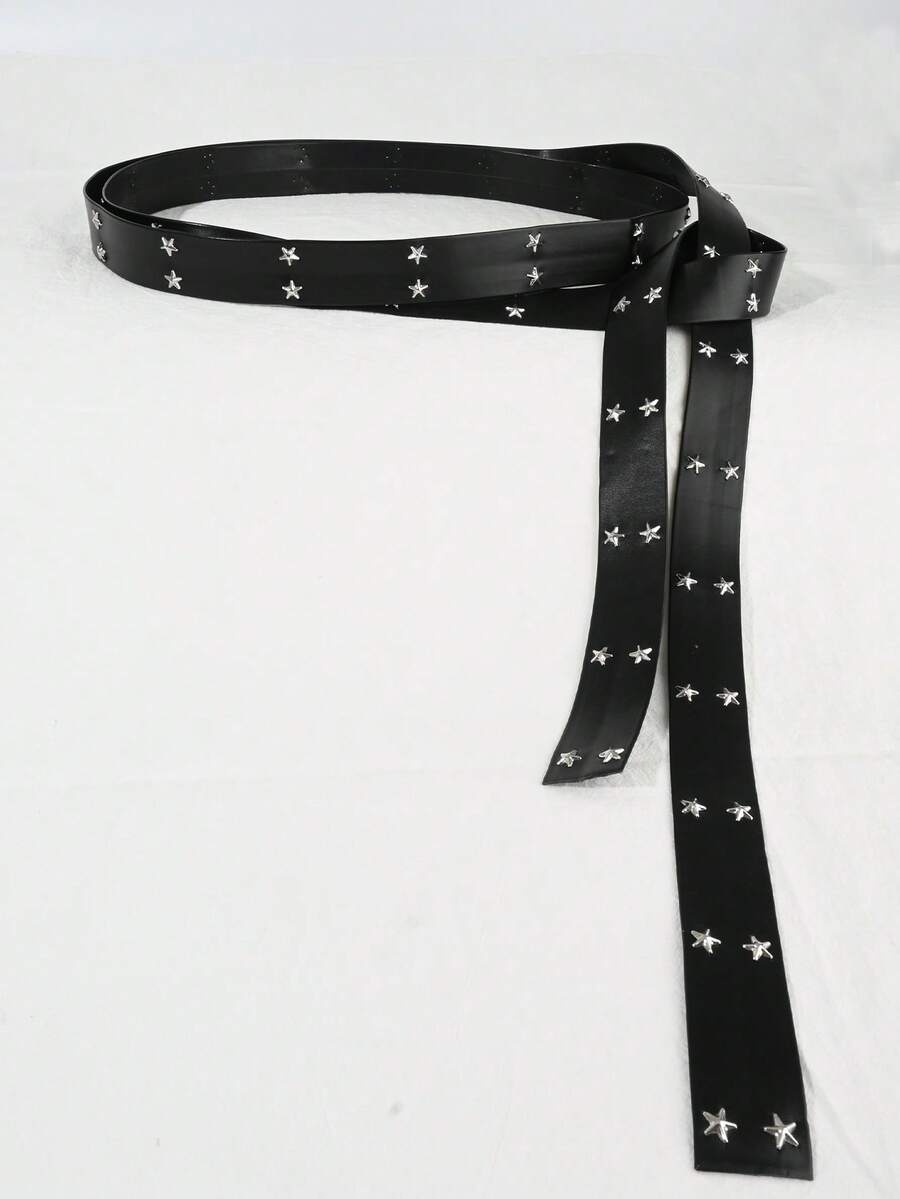 2.9M Long Rivet Punk Belt, Extra Long Buckle-Free Knot Waist Belt - Star Studs - View 1
