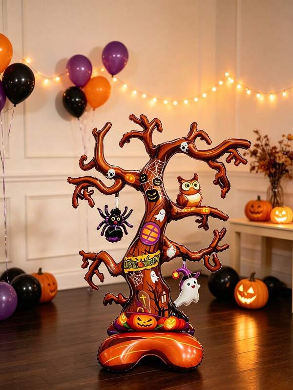 1pc Standing Ghost & Withered Tree Aluminum Foil Balloon, Suitable For Halloween Party Decoration, Halloween Atmosphere Setup, Trick Or Treat Theme, Halloween Photo Prop