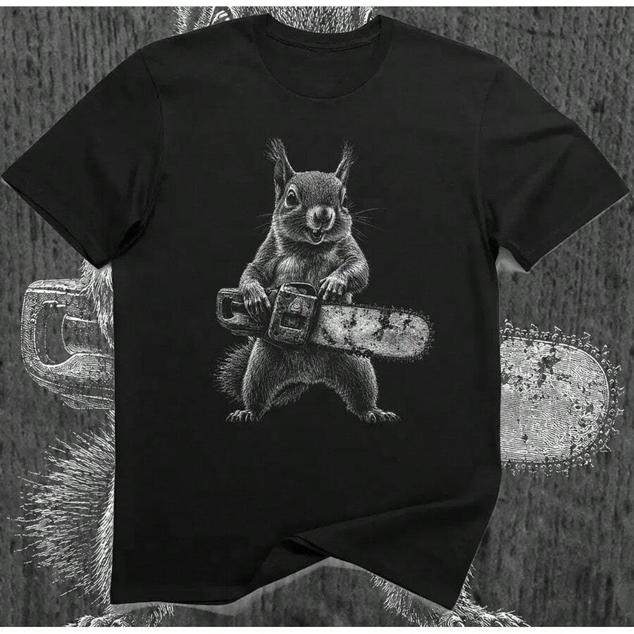 Motorsåg Ekorre T-shirt Rolig Skogsskräck Djur Grafik T-shirt Kaotisk Skog Meme Present - Svart - Visa 1