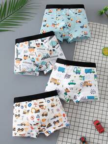 4pcs/Pack Young Boy Cartoon Car Print Boxer Briefs - Multicolor - View 1