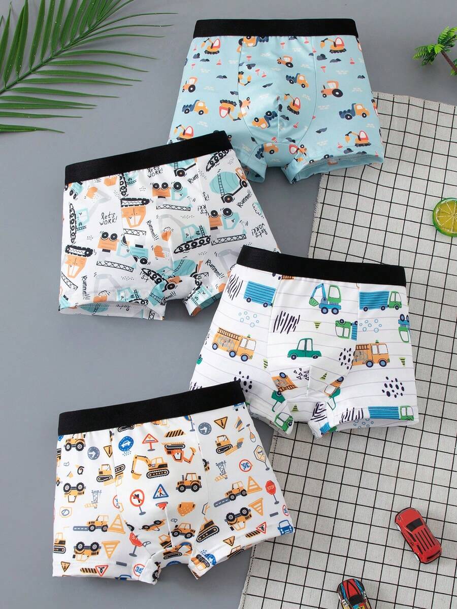 4pcs/Pack Young Boy Cartoon Car Print Boxer Briefs - Multicolor - View 1
