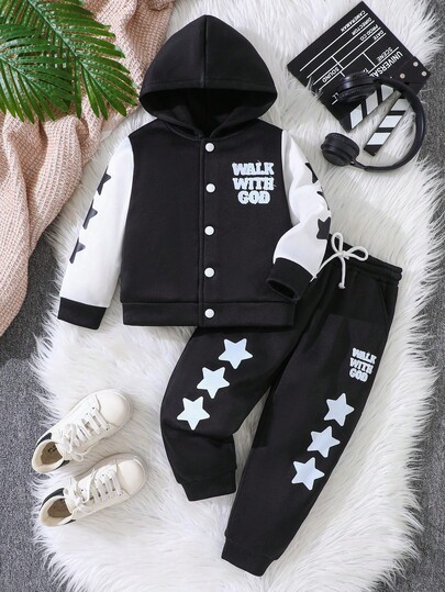 Setelan Olahraga Kasual Anak Laki-Laki: Hoodie Lengan Panjang dengan Cetakan Huruf "WALK WITH GOD" + Celana Panjang, 2 Potong, Nyaman dan Hangat untuk Musim Gugur/Dingin