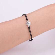 1pc S925 Sterling Silver Engraved Compass Round Pendant Multi-Layer Black Adjustable Wax Cord Bracelet, Travel Adventurer Niche Drawstring Wish Silver Hand Rope Accessory - Silver - View 5