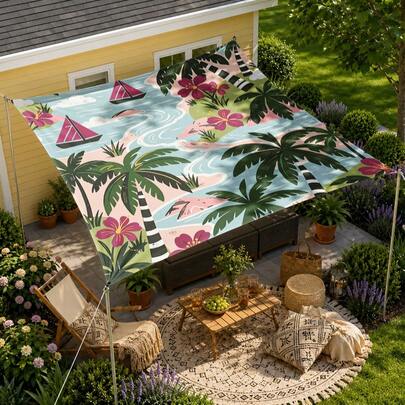 1pc Pink Coast And Sailboat Pattern Sun Shade Sail, Large Outdoor UV Protection Sunshade Cloth, Modern Print Canopy, Garden Patio Yard Decor With Fixing Rope