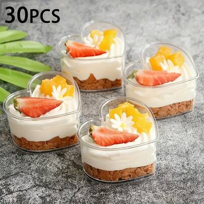 30 piezas de vasos de plástico transparente con forma de corazón de 150 ml, recipientes desechables transparentes para mousse y pudín, mini cuencos de postre con forma de corazón para fiesta, gelatina, yogur, tiramisú y decoración de pasteles de boda