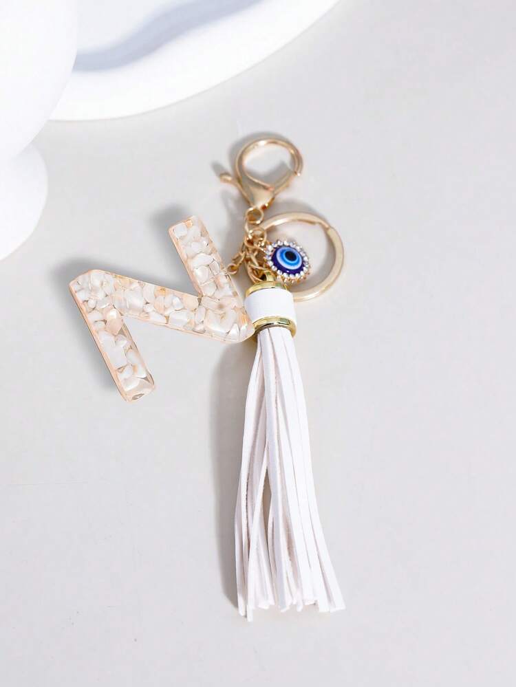 1pc Resin Initial Heart Tassel Keychain Bag Charm Pendant Car Decor Clothing Accessory - White - View 49
