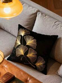 Funda de cojín con estampado de hojas de ginkgo dorado metálico sin relleno - Negro - Ver 5