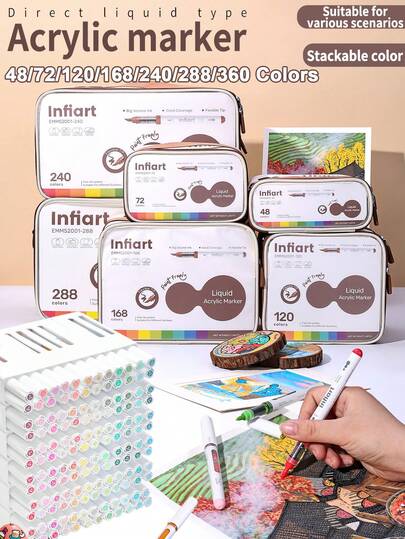 مجموعة أقلام ماركر أكريليك Infiart بألوان 360/288/240/168/120/72/48، برأس فرشاة ناعم وسائل مباشر، حبر زيتي غني بالألوان، مقاوم للخدش ومقاوم للعوامل الجوية، تأتي مع حقيبة تخزين وصندوق تخزين أنيق (مريح للجمع والحمل)، مناسبة للمبتدئين والفنانين البالغين، مثالية للاستخدام المنزلي والمدرسي والاستوديو، الحرف اليدوية ولوازم الفن، مناسبة بشكل خاص كهدايا للطلاب الأولاد/البنات، قرطاسية أساسية للعودة إلى المدرسة.