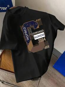 T-shirt uomo taglie forti con stampa "CHICAGO ILLINOIS 50.39meter", girocollo, maniche corte, comoda e casual per l'estate, T-shirt con stampa grafica taglie forti. - nero - Visualizzare 2