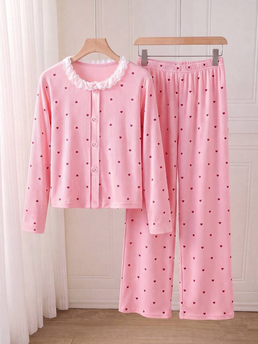 Girls Heart Print Ribbed Pajama Set, Lace Trim Round Neck Button Front Long Sleeve Top & Elastic Long Pants, Soft Stretchy Cute Tween Girl Sleep Loungewear - Pink - View 1