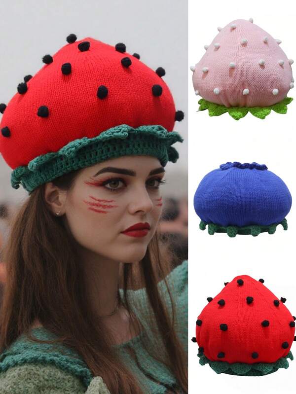 Handmade Knit Strawberry Beret Hat With Crochet Leaf Trim & Seeds, Cute Fruit Beanie For Festival Party, Novelty Statement Headwear