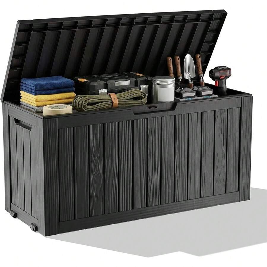 85 Gallon Outdoor Waterproof Resin Storage Deck Box Lockable Outside Bench UV Resistant Bin Patio Porch Furniture Pool Float Garden Tool Cushion Black - Grey - View 1