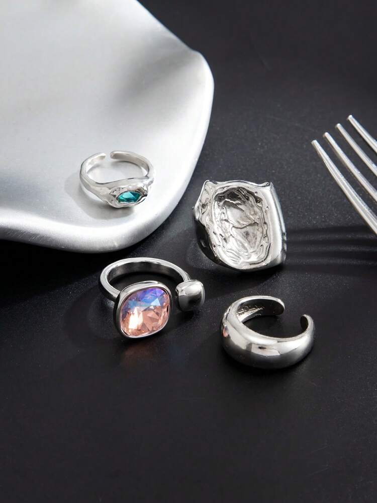 4pcs Vintage Punk Exaggerated Fashion Asymmetrical Geometric Rhinestone Toe Ring Set, Women's Daily And Vacation Metal Toe Ring Open Toe Sandal Accessory - Silver - View 4