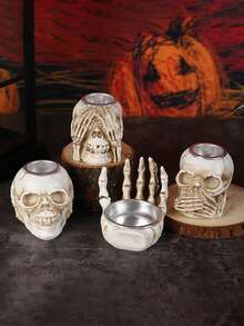 3pcs Halloween Skeleton Hand Candle Holder, Eerie Decor, Suitable For Halloween, Escape Room, Puzzle Games, Movie Props, Create Holiday Atmosphere, Tabletop Decoration, Candle And Aromatherapy Base - Skull Candle Holder - View 4