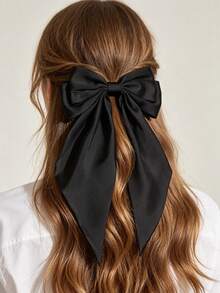 1pc Solid Color Satin Hair Clip With Ribbon Streamers And Large Bowknot, Versatile Hair Accessory For Women Valentine's Day Claw Clips Hair Claws Hair Barrettes, School Stuff, Elegant, College, Winter Outfit For Women, Bows, Cute, Hair Accessories, Head Accessories, Hairpin - Yellow - View 7