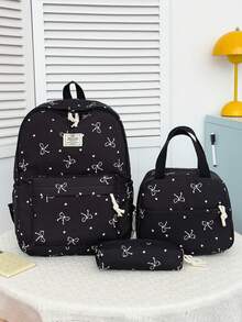 3-Piece Bow Pattern Back To School Backpack Set - Fashionable Large Capacity Backpack + Lunch Bag + Pencil Case Multi-Piece Set, With Laptop Compartment, Durable Nylon Backpack, With Adjustable Shoulder Straps And Spacious Multi-Pockets - Lightweight And Portable Zipper Bag, Suitable For Students/Teenagers/Graduates, Perfect For Outdoor/Travel/Middle School/High School/College. - 2327 - View 2