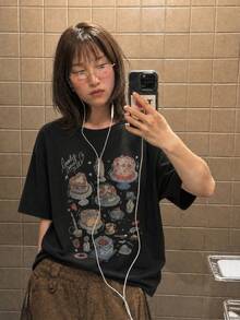 Y2K甜酷風女款夏季新款休閒寬鬆卡通蛋糕印花短袖T恤上衣 黑色 - 黑色 - 查看 2
