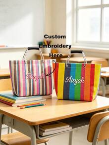 (Custom) Personalized Embroidered Minimalist Striped Canvas Tote Bag, Original Niche Versatile Commuter Large Capacity Handbag Shoulder Bag For Students - Multicolor - View 2