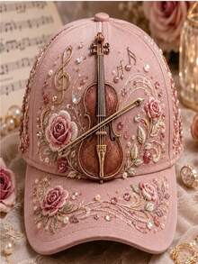 1pc Women's 3D Floral Baseball Cap, Music Theme Note Print Pearl Rhinestone Adjustable Sun Hat, Vintage Music Festival Style Baseball Cap - Multicolor - View 12