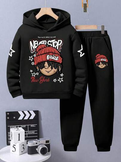 Tween Boy Cartoon Print Hoodie And Sweatpants Casual Set