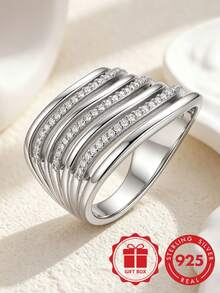 1pc S925 Sterling Silver Round White Zirconia Inlaid Ring For Women Engagement Wedding Band With Gift Box - Silver - View 5