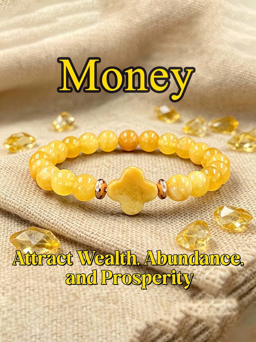 1pc Natural Yellow Jade Four-Leaf Clover Stretch Bracelet, Symbol Of Luck, Prosperity, Wealth, Bohemia Cross Fashion Jewelry Unisex Gift For Women Men - Yellow - View 1