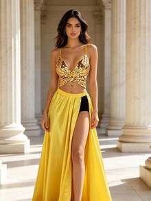 Sequin Butterfly Waist-Baring Cami Top With Glossy Slit Flare Skirt, Vacation Style Party Flowy Long Skirt Outfit Two Pieces (Multiple Colors Available) - Multicolor - View 3