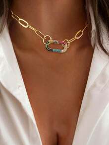 1pc Gold Letter Necklace, Luxury Heart-Shaped Lock With Lock And Green Diamond Pendant Necklace, Exquisite Holiday Party Gift For Women - Yellow Gold - View 12