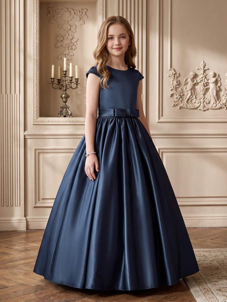 青少年女孩蓝色长裙礼服,适合生日聚会和表演 - 寶藍色 - 查看 1