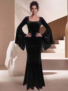 Black Elegant Dark Style Fitted High Waist Bell Sleeve Mermaid Long Dress Halloween - Black - View 3