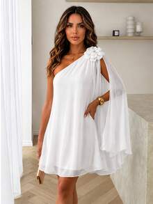ChicMe Women's One Shoulder Sleeveless 3D Floral Decor A-Line Mini Dress, Loose Casual Vacation Fashion Dress - White - View 5