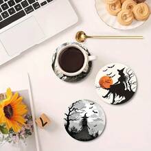 A Set Of 6 Halloween-Themed Wooden Coasters Featuring Designs Of Witches, Pumpkins, Bats, And A Full, Designed In A Decorative Silhouette Style - Multicolor - View 4