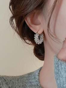 1 Pair Fashionable Personalized CCB Wrapped Small Bead Hoop Earrings Suitable For Women Party And Gathering - Silver - View 5